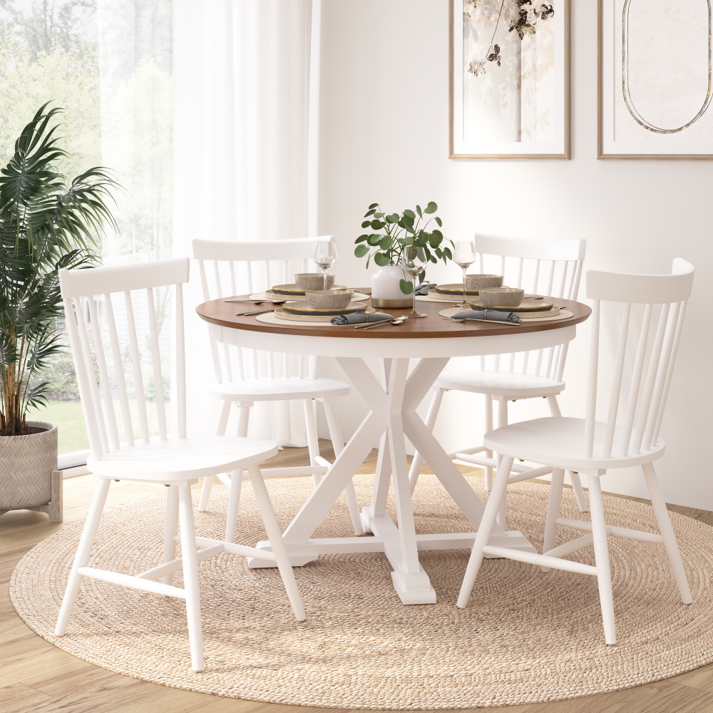 Shop Bush Furniture West End 45W Round Trestle Dining Table with 4 High Back Spindle Dining Chairs, Image 02, WEN001BMW, #color_burnished medium brown/white paint