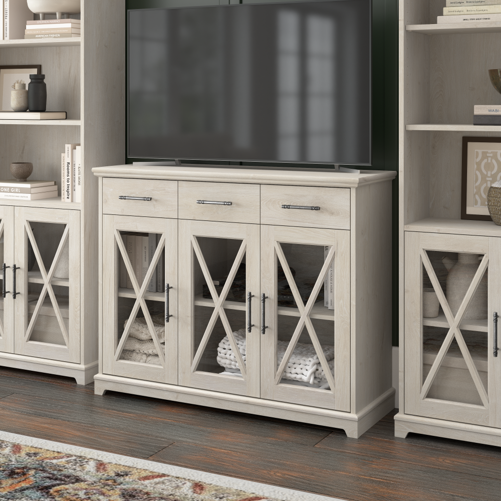 Shop Bush Furniture Lennox 46W Farmhouse TV Stand for 65 Inch TV, Image 02, LEV146LW-Z, #color_linen white oak