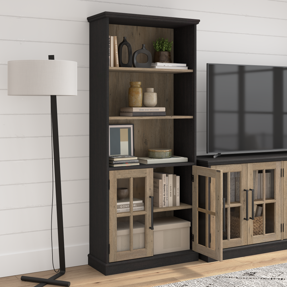 Shop Bush Furniture Westbrook 5 Shelf Bookcase with Glass Doors, Image 04, WBB132V2R-03, #color_vintage black/restored tan hickory