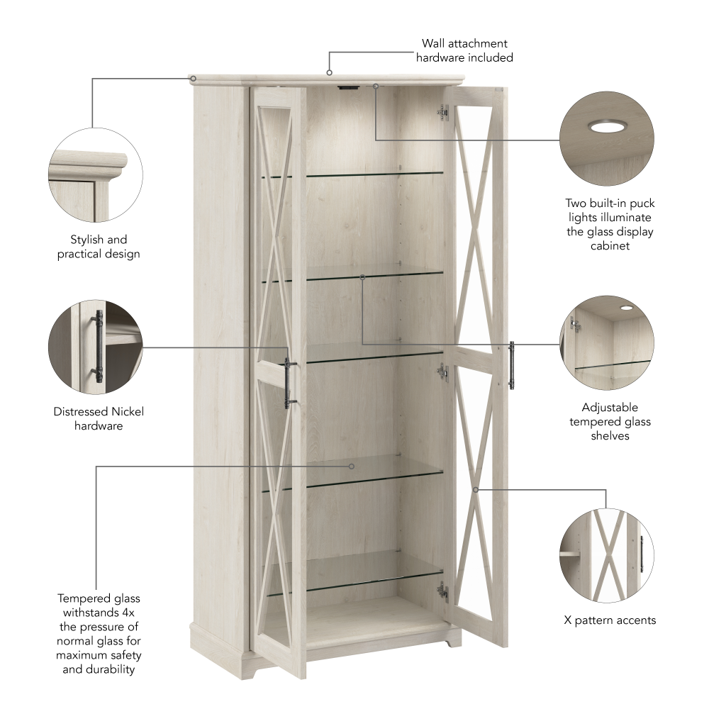 Shop Bush Furniture Lennox Farmhouse Curio Cabinet with Glass Doors and Shelves, Image 09, LES232LW-03K, #color_linen white oak