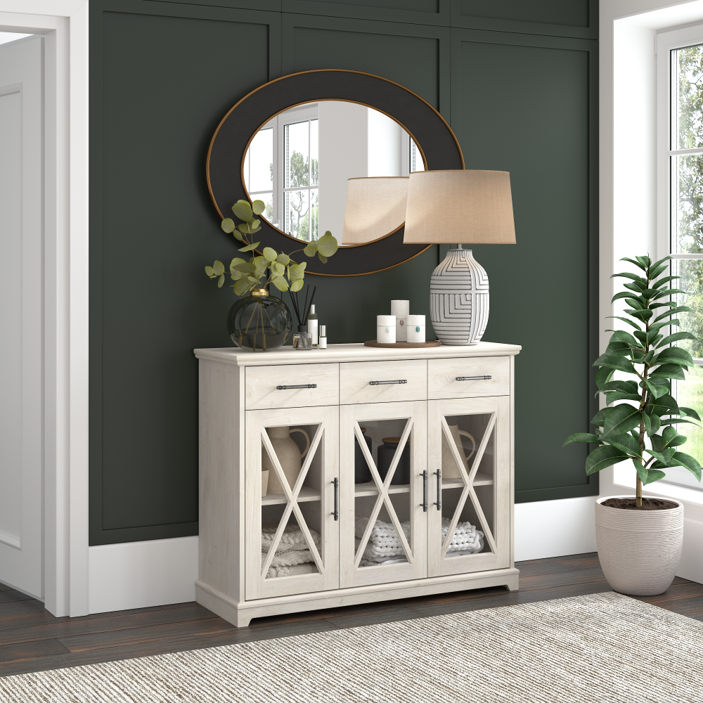 Shop Bush Furniture Lennox 46W Farmhouse Sideboard Buffet Cabinet with Drawers, Image 02, LEV146LW-03, #color_linen white oak