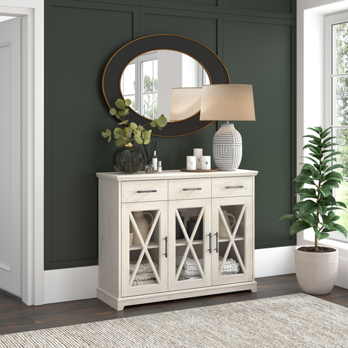 Shop Bush Furniture Lennox 46W Farmhouse Sideboard Buffet Cabinet with Drawers, Image 02, LEV146LW-03, #color_linen white oak