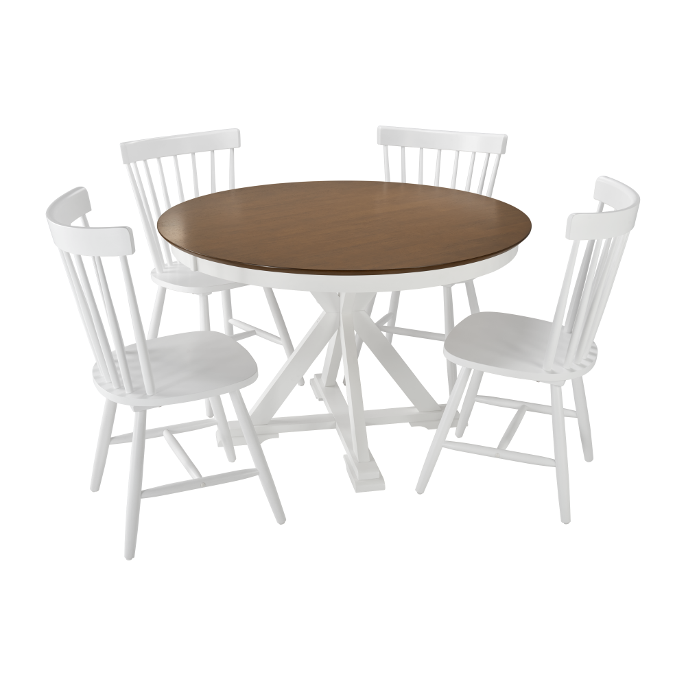 Shop Bush Furniture West End 45W Round Trestle Dining Table with 4 High Back Spindle Dining Chairs, Image 01, WEN001BMW, #color_burnished medium brown/white paint