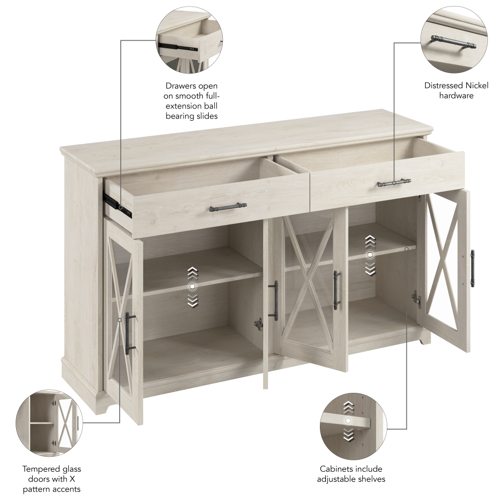 Shop Bush Furniture Lennox 60W Farmhouse Sideboard Buffet Cabinet with Drawers, Image 09, LEV160LW-03K, #color_linen white oak