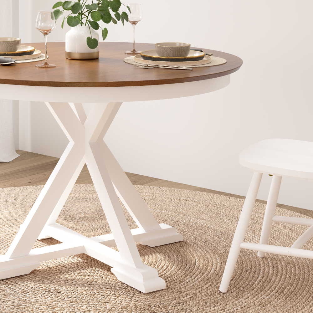 Shop Bush Furniture West End 45W Round Trestle Dining Table with 4 High Back Spindle Dining Chairs, Image 04, WEN001BMW, #color_burnished medium brown/white paint