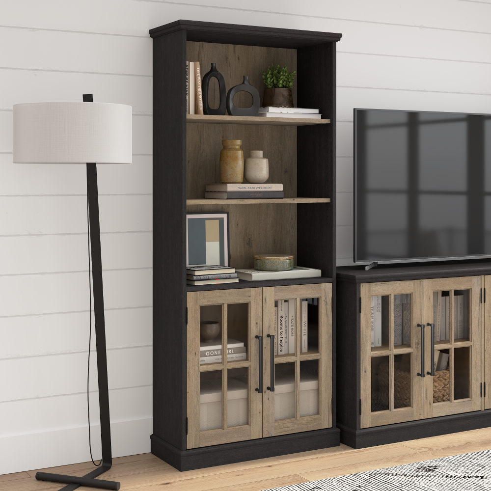 Shop Bush Furniture Westbrook 5 Shelf Bookcase with Glass Doors, Image 02, WBB132V2R-03, #color_vintage black/restored tan hickory