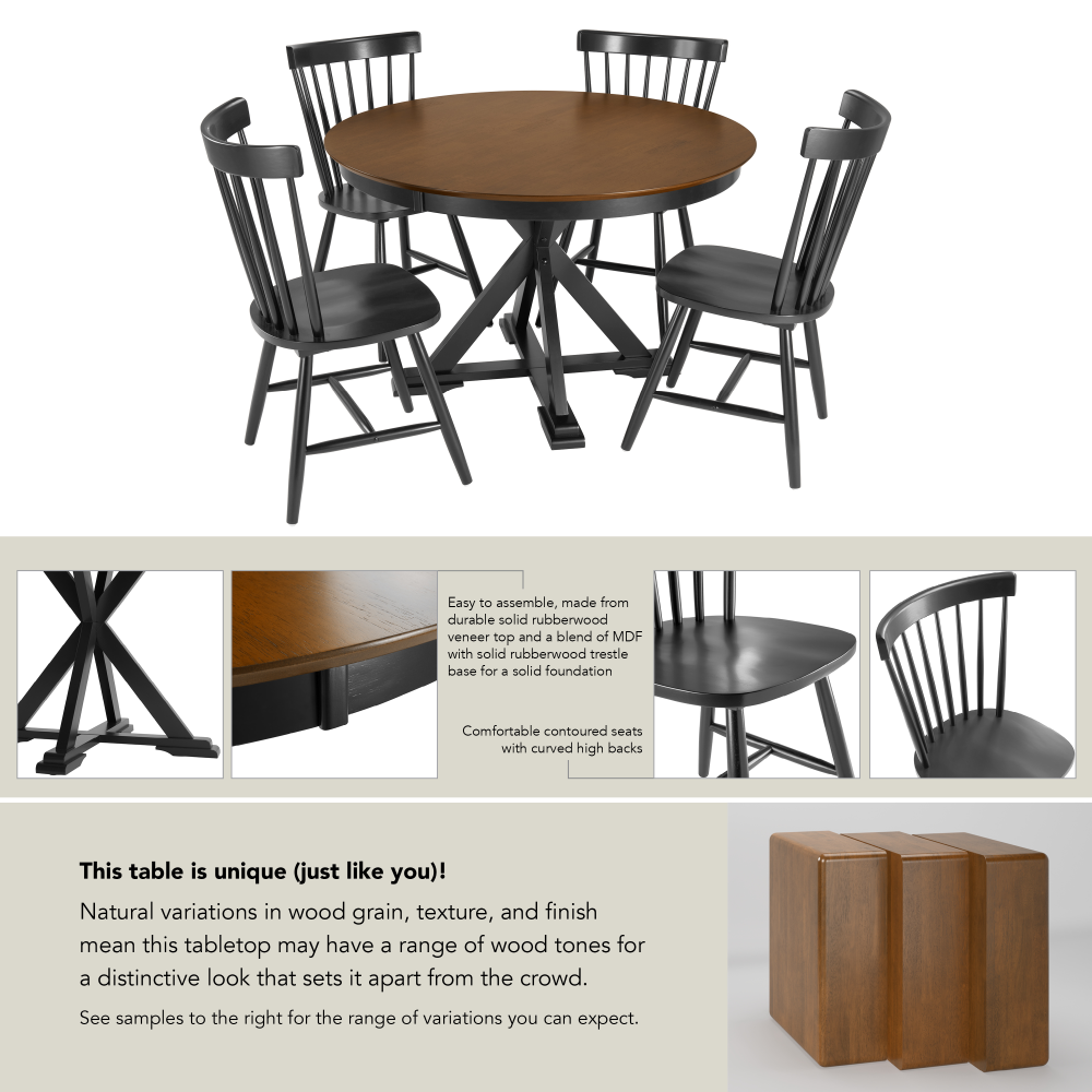 Shop Bush Furniture West End 45W Round Trestle Dining Table with 4 High Back Spindle Dining Chairs, Image 06, WEN001BMB, #color_burnished medium brown/black paint