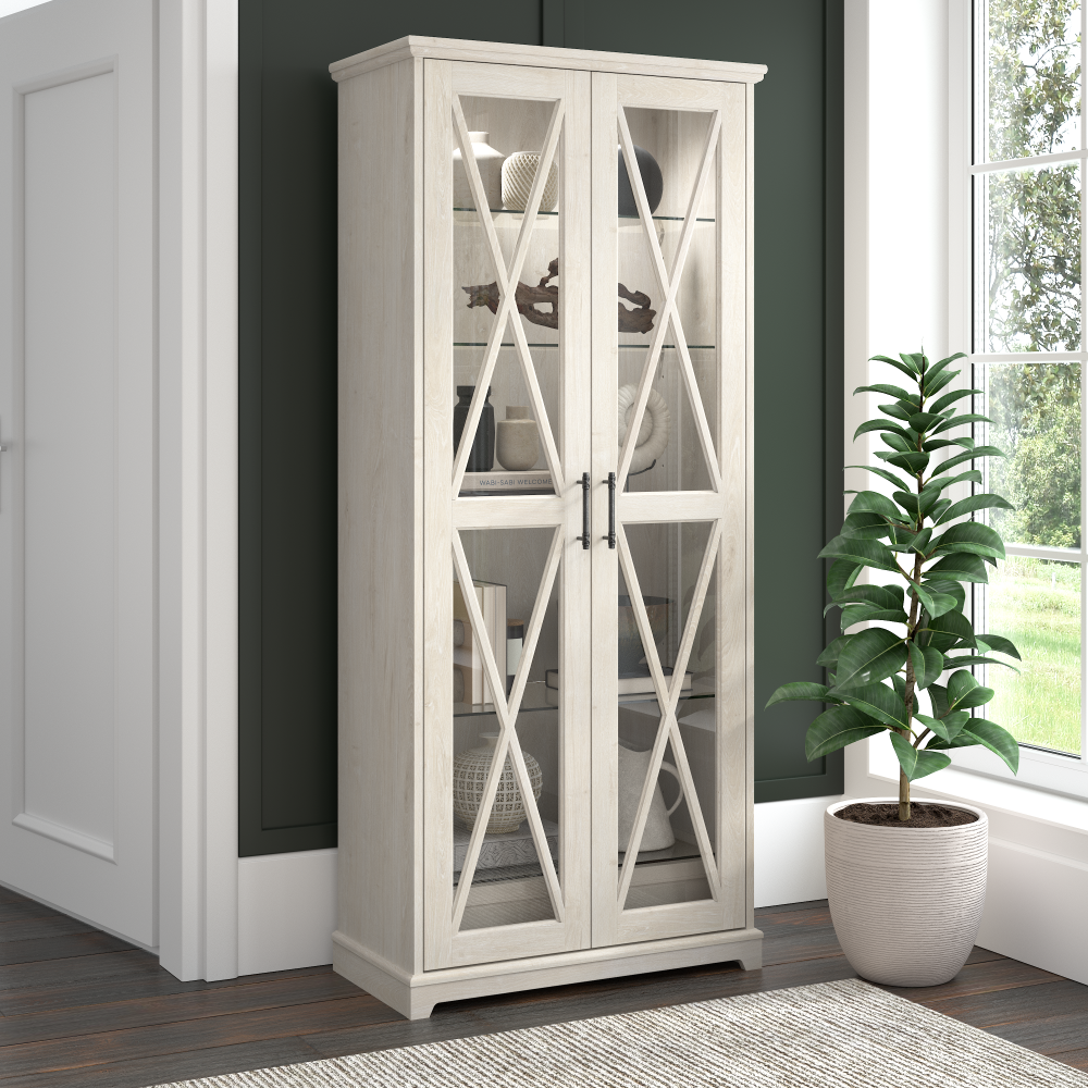 Shop Bush Furniture Lennox Farmhouse Curio Cabinet with Glass Doors and Shelves, Image 02, LES232LW-03K, #color_linen white oak