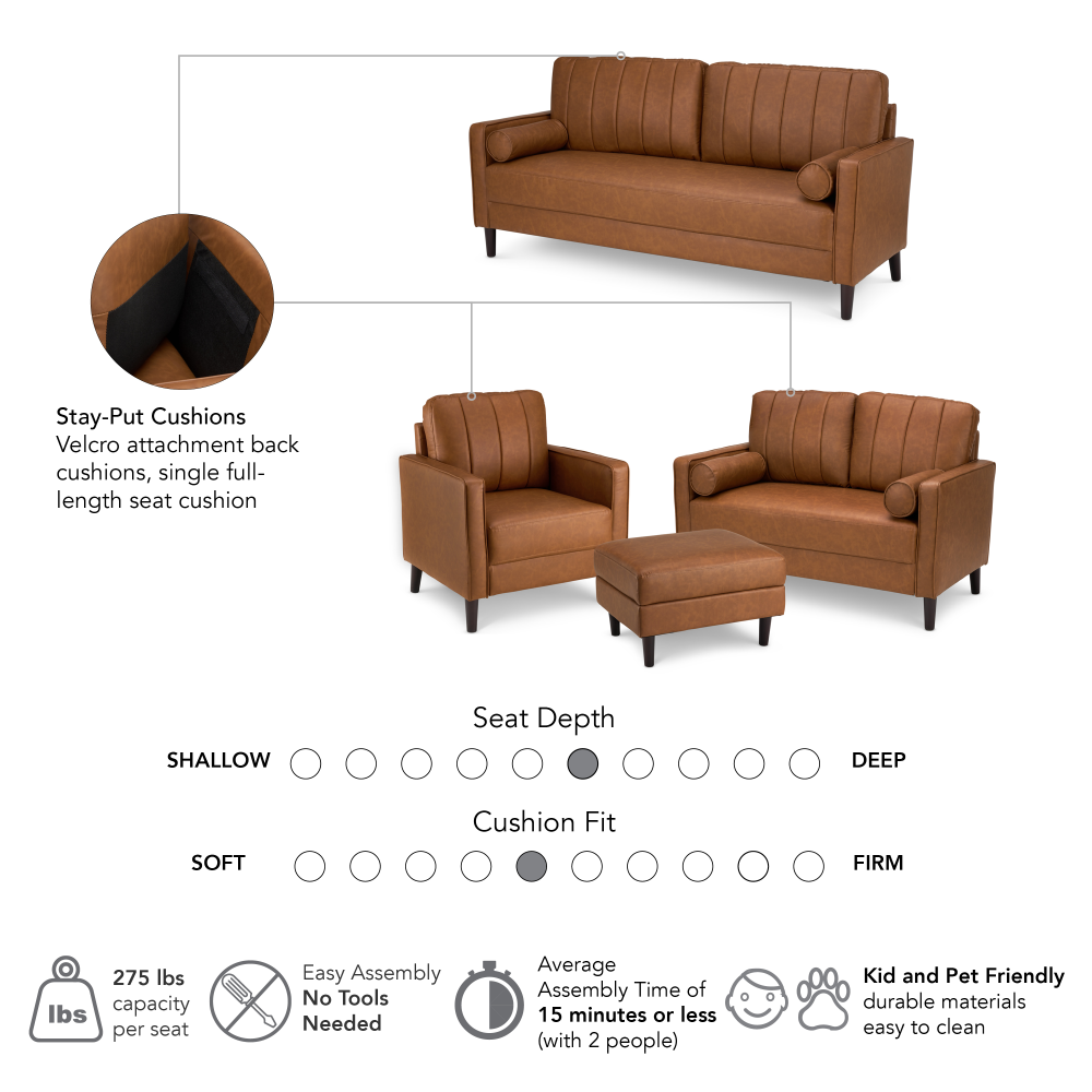 Shop Bush Home Max 77W Sofa, 54W Loveseat, 32W Accent Chair, and Storage Ottoman, Image 06, MAX007BCL, #color_buffed camel leather