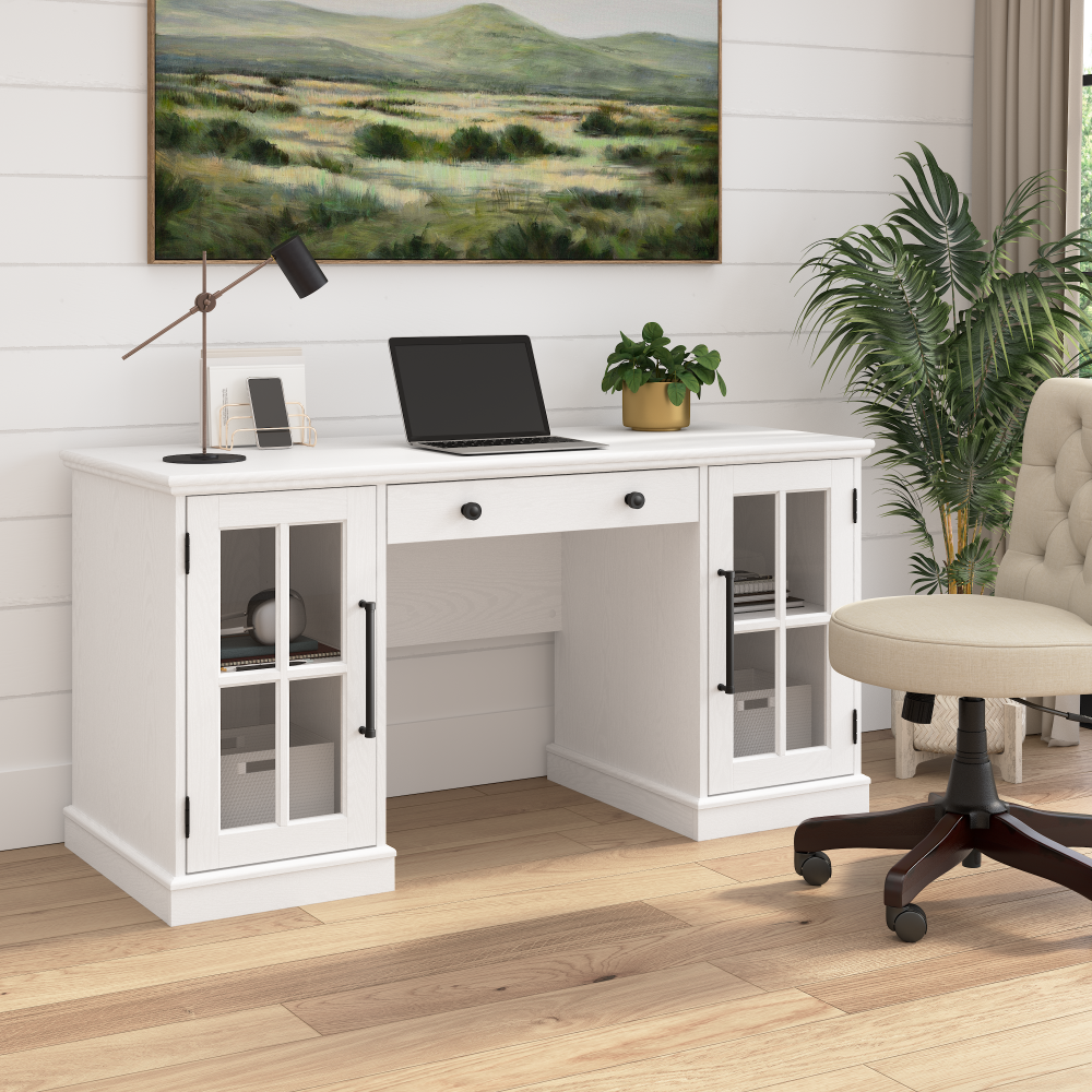 Shop Bush Furniture Westbrook 60W Computer Desk with Storage and Keyboard Tray, Image 02, WBD160WAS-03K, #color_white ash