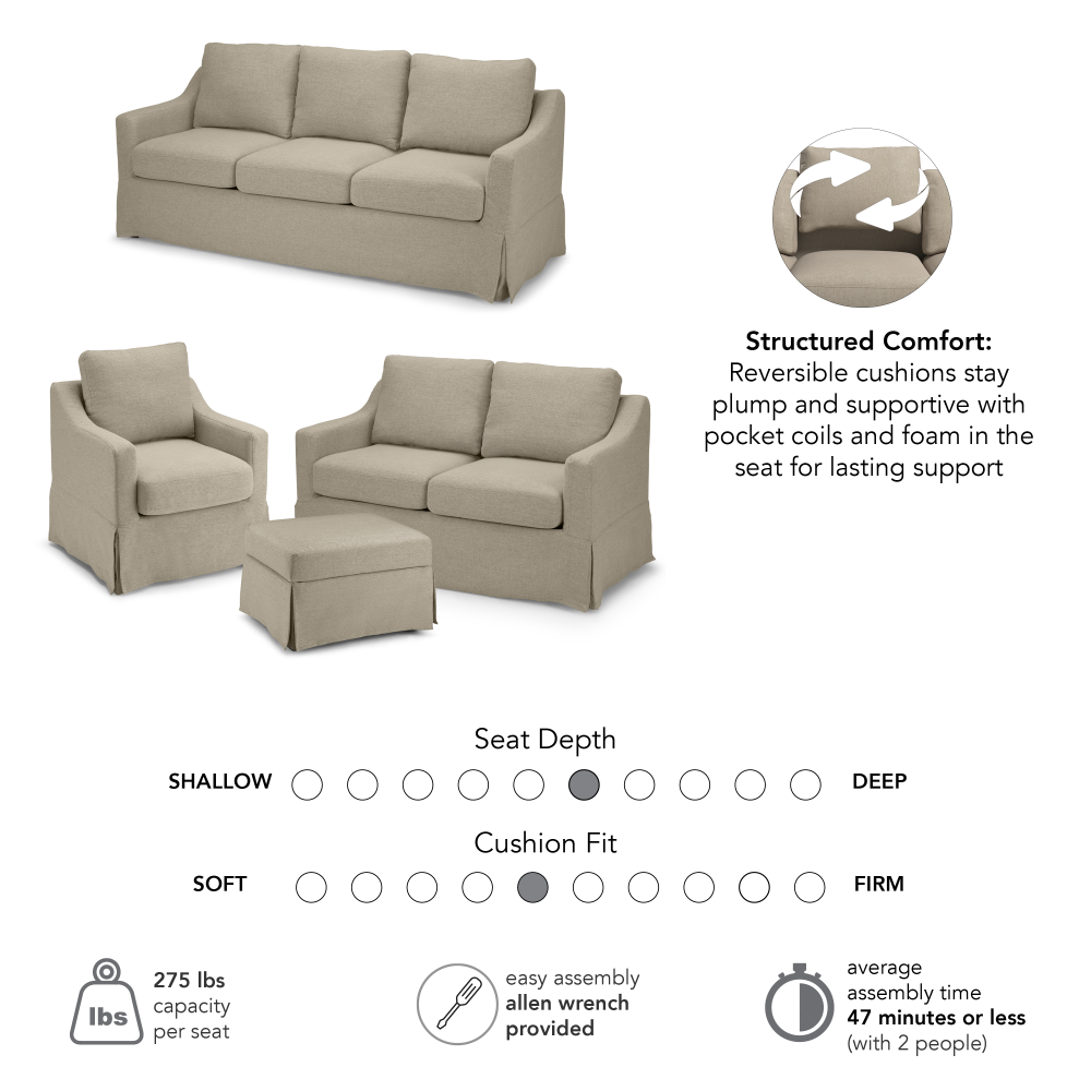 Shop Bush Home Harper 80W Sofa, 57W Loveseat, Swivel Accent Chair, and Storage Ottoman with Slipcovers, Image 06, HAR007SDB, #color_sand basketweave fabric