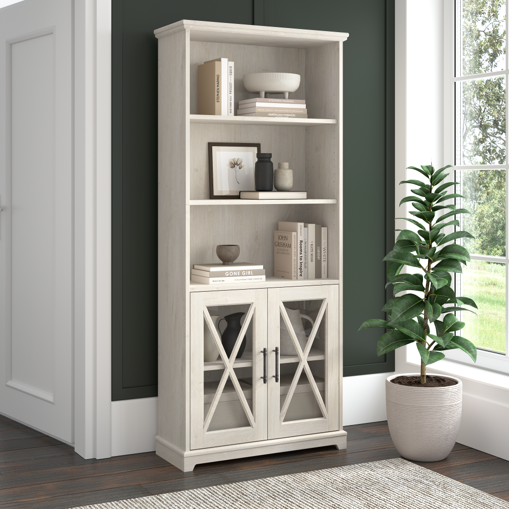 Shop Bush Furniture Lennox Farmhouse 5 Shelf Bookcase with Glass Doors, Image 02, LEB132LW-03, #color_linen white oak