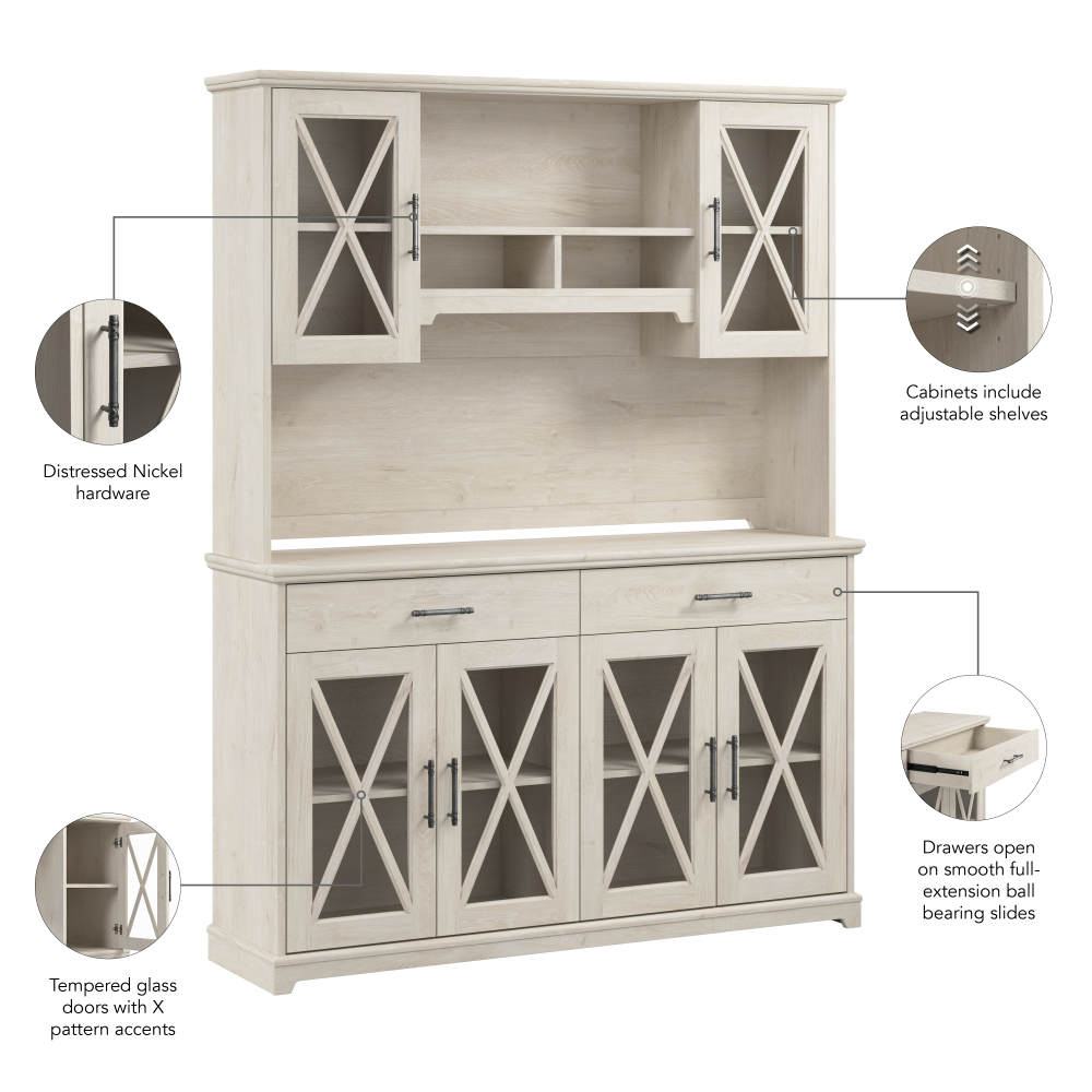 Shop Bush Furniture Lennox 60W Farmhouse Sideboard Buffet Cabinet with Hutch, Image 07, LEN017LW, #color_linen white oak