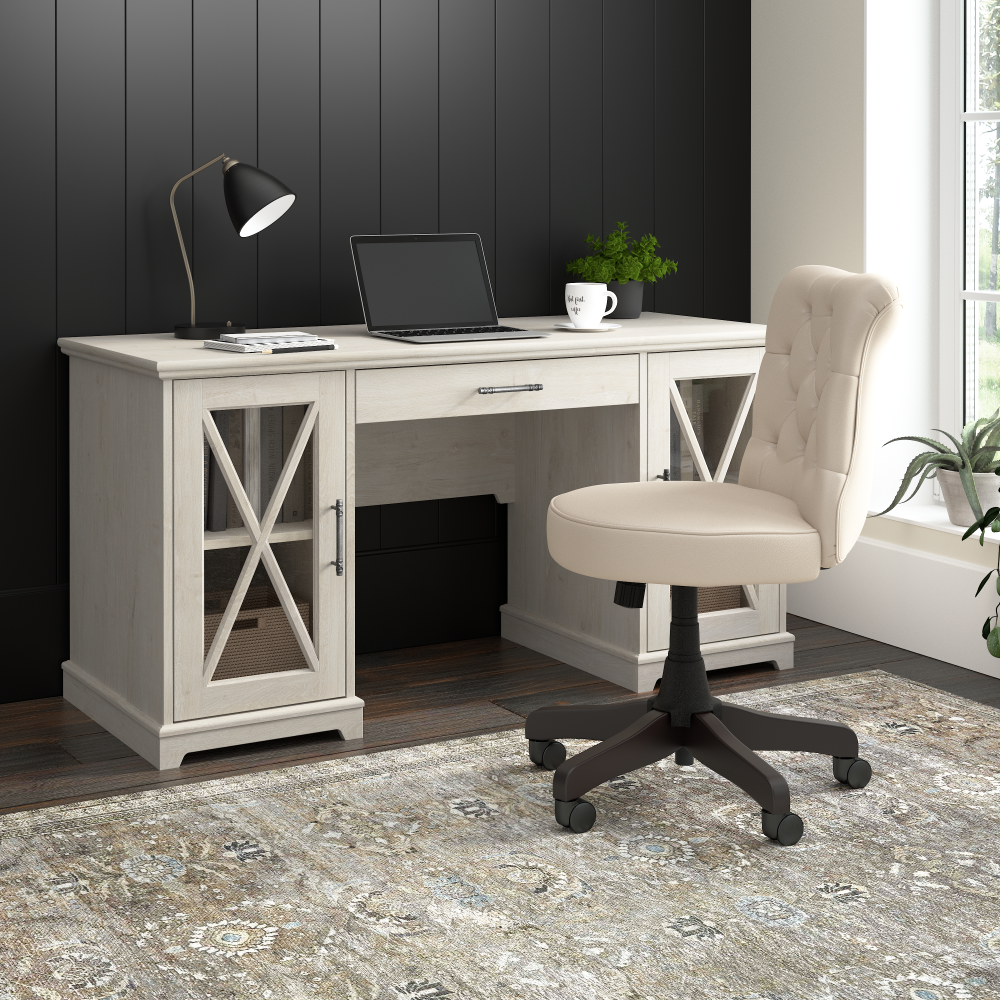 Shop Bush Furniture Lennox 60W Farmhouse Desk with Storage and Keyboard Tray, Image 02, LED160LW-03K, #color_linen white oak