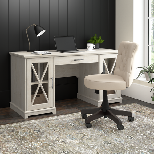 Shop Bush Furniture Lennox 60W Farmhouse Desk with Storage and Keyboard Tray, Image 02, LED160LW-03K, #color_linen white oak