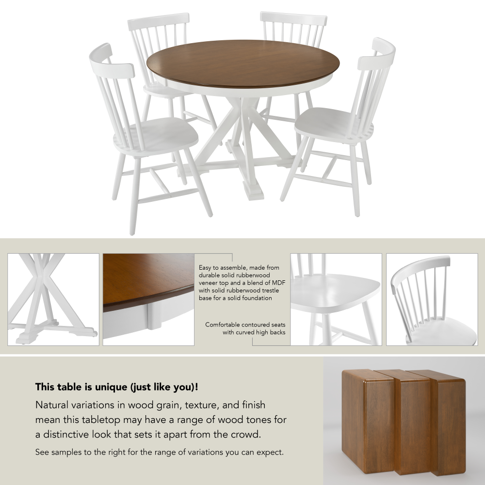 Shop Bush Furniture West End 45W Round Trestle Dining Table with 4 High Back Spindle Dining Chairs, Image 06, WEN001BMW, #color_burnished medium brown/white paint