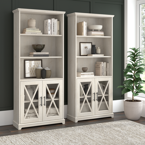 Shop Bush Furniture Lennox Farmhouse 5 Shelf Bookcase with Glass Doors - Set of 2, Image 02, LEN001LW, #color_linen white oak