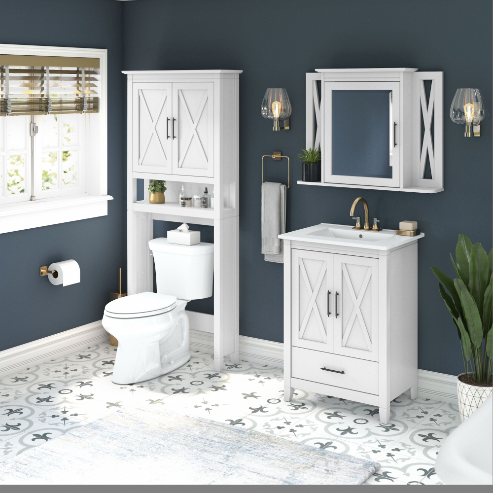 Shop Bush Furniture Key West 24W Bathroom Vanity Sink with Mirror and Over The Toilet Storage Cabinet, Image 02, KWS031WAS, #color_white ash