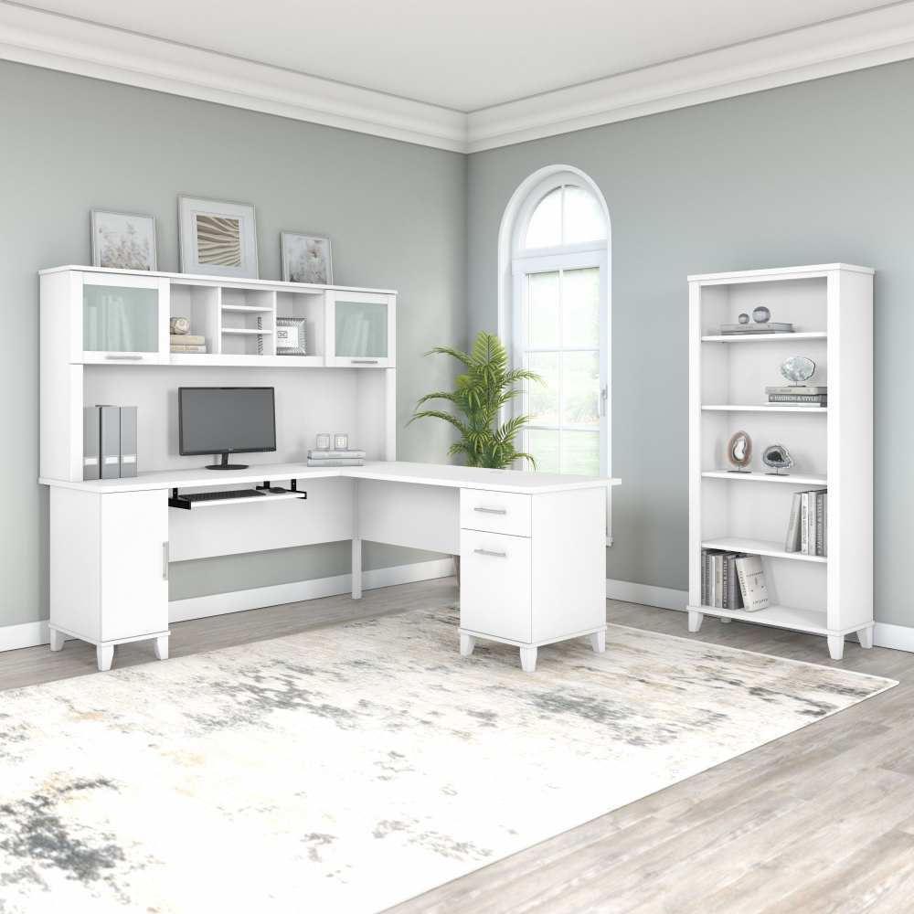 Shop Bush Furniture Somerset 72W L Shaped Desk with Hutch and 5 Shelf Bookcase, Image 02, SET011WH, #color_white