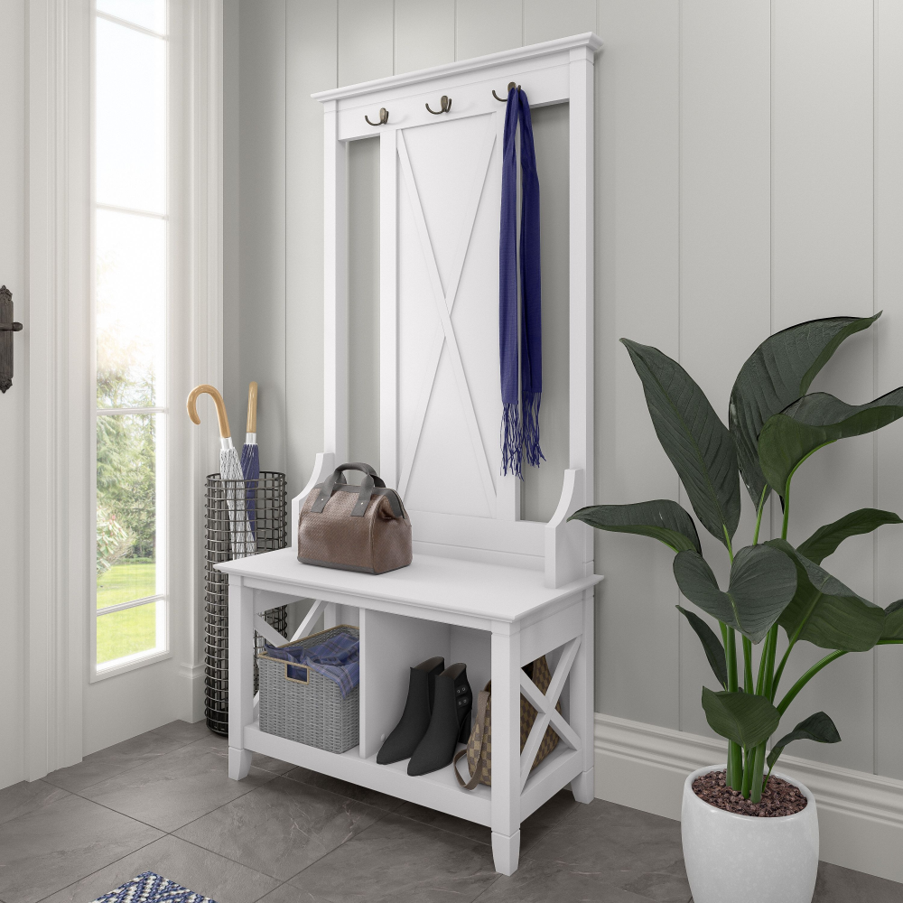 Shop Bush Furniture Key West Hall Tree with Shoe Storage Bench, Image 02, KWS166WT-03, #color_pure white oak