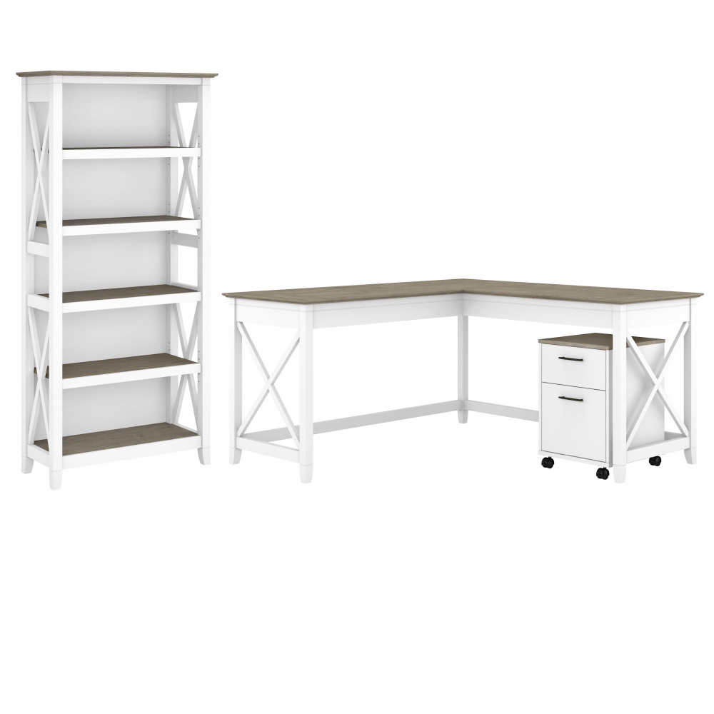 Shop Bush Furniture Key West 60W L Shaped Desk with 2 Drawer Mobile File Cabinet and 5 Shelf Bookcase, Image 01, KWS016G2W, #color_shiplap gray/pure white