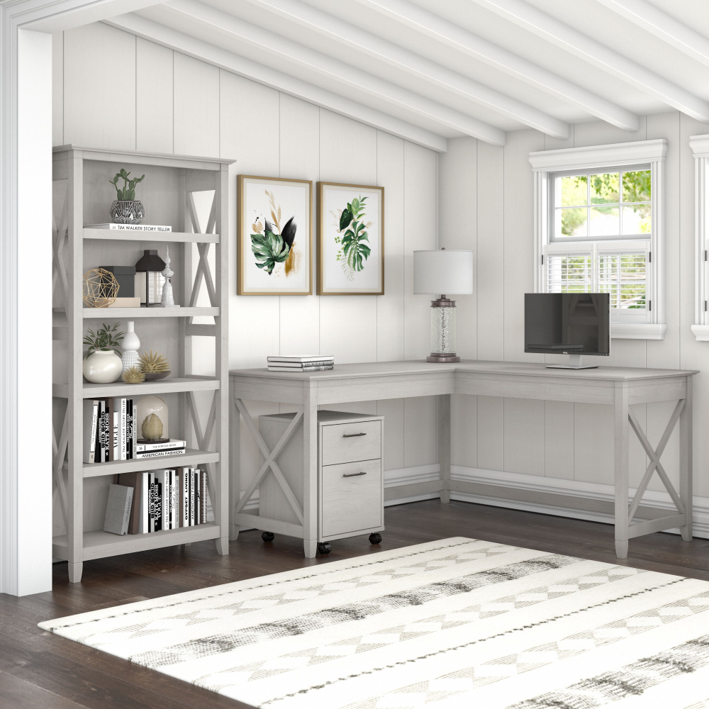 Shop Bush Furniture Key West 60W L Shaped Desk with 2 Drawer Mobile File Cabinet and 5 Shelf Bookcase, Image 02, KWS016LW, #color_linen white oak