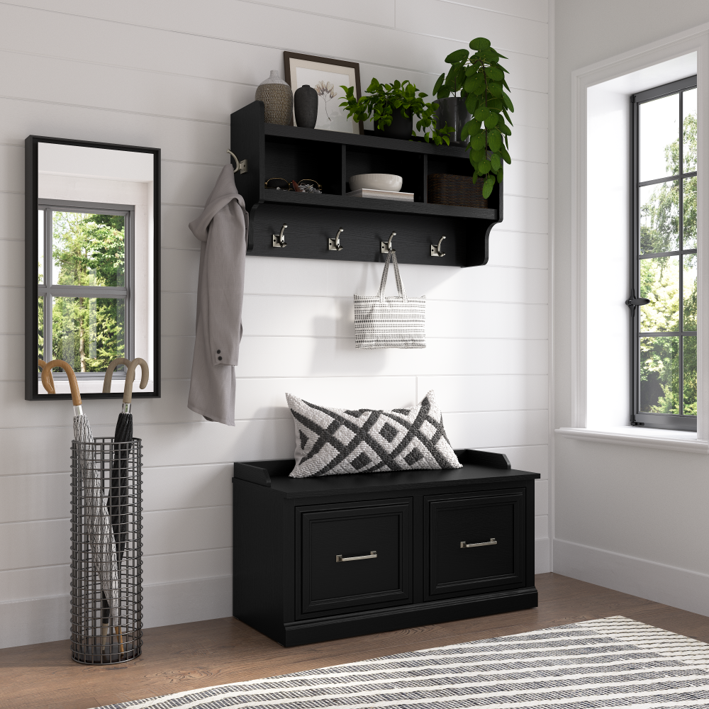 Shop Bush Furniture Woodland 40W Shoe Storage Bench with Doors and Wall Mounted Coat Rack, Image 02, WDL003BS, #color_black suede oak