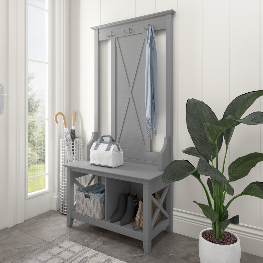 Shop Bush Furniture Key West Hall Tree with Shoe Storage Bench, Image 02, KWS166CG-03, #color_cape cod gray