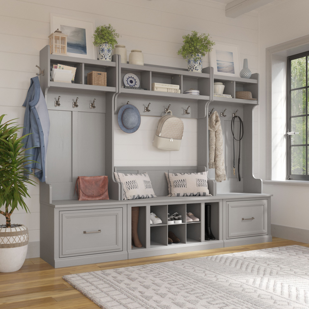 Shop Bush Furniture Woodland Full Entryway Storage Set with Coat Rack and Shoe Bench with Drawers, Image 02, WDL014CG, #color_cape cod gray