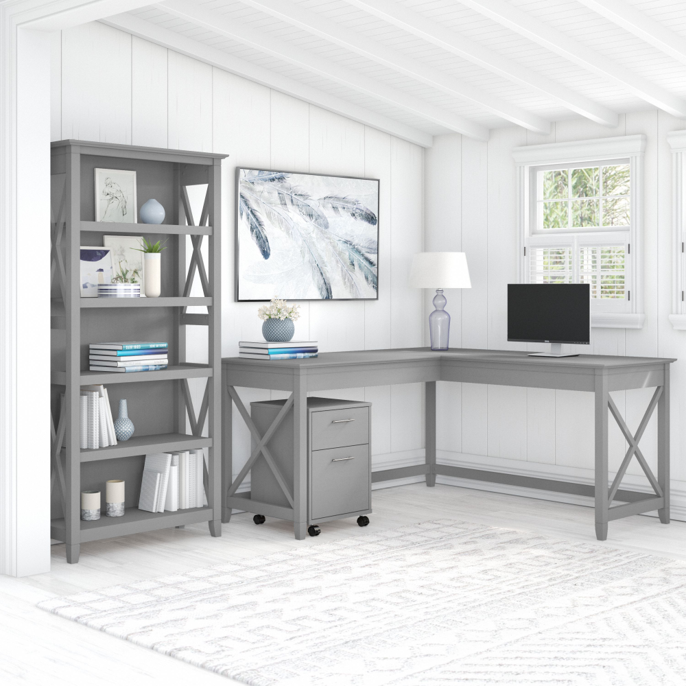 Shop Bush Furniture Key West 60W L Shaped Desk with 2 Drawer Mobile File Cabinet and 5 Shelf Bookcase, Image 02, KWS016CG, #color_cape cod gray
