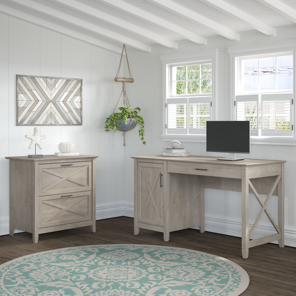 Shop Bush Furniture Key West 54W Computer Desk with Storage and 2 Drawer Lateral File Cabinet, Image 02, KWS008WG, #color_washed gray