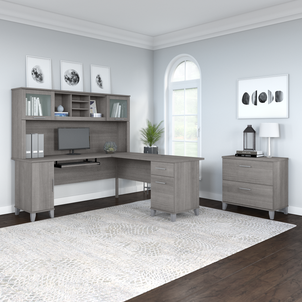 Shop Bush Furniture Somerset 72W L Shaped Desk with Hutch and Lateral File Cabinet, Image 02, SET009PG, #color_platinum gray