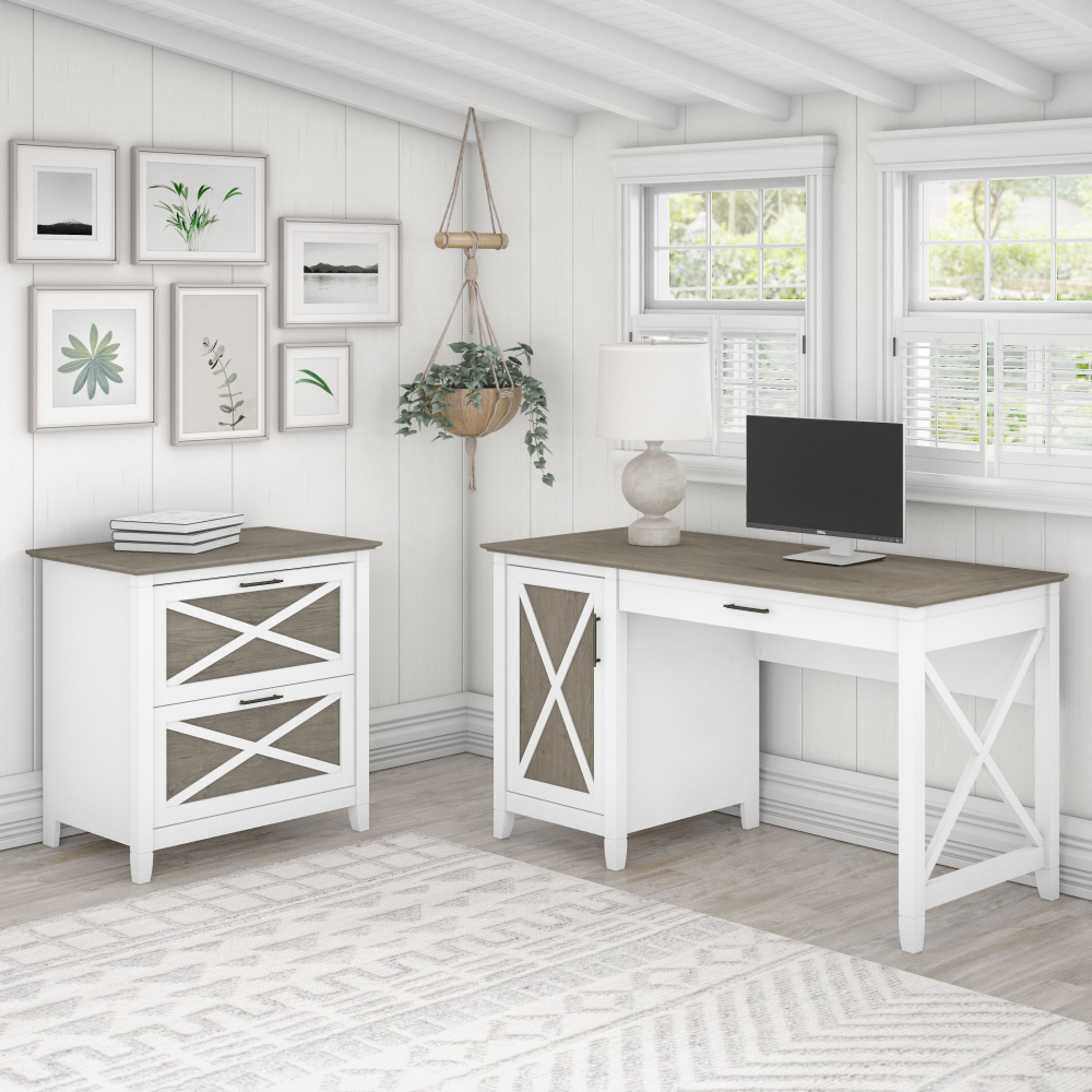 Shop Bush Furniture Key West 54W Computer Desk with Storage and 2 Drawer Lateral File Cabinet, Image 02, KWS008G2W, #color_shiplap gray/pure white