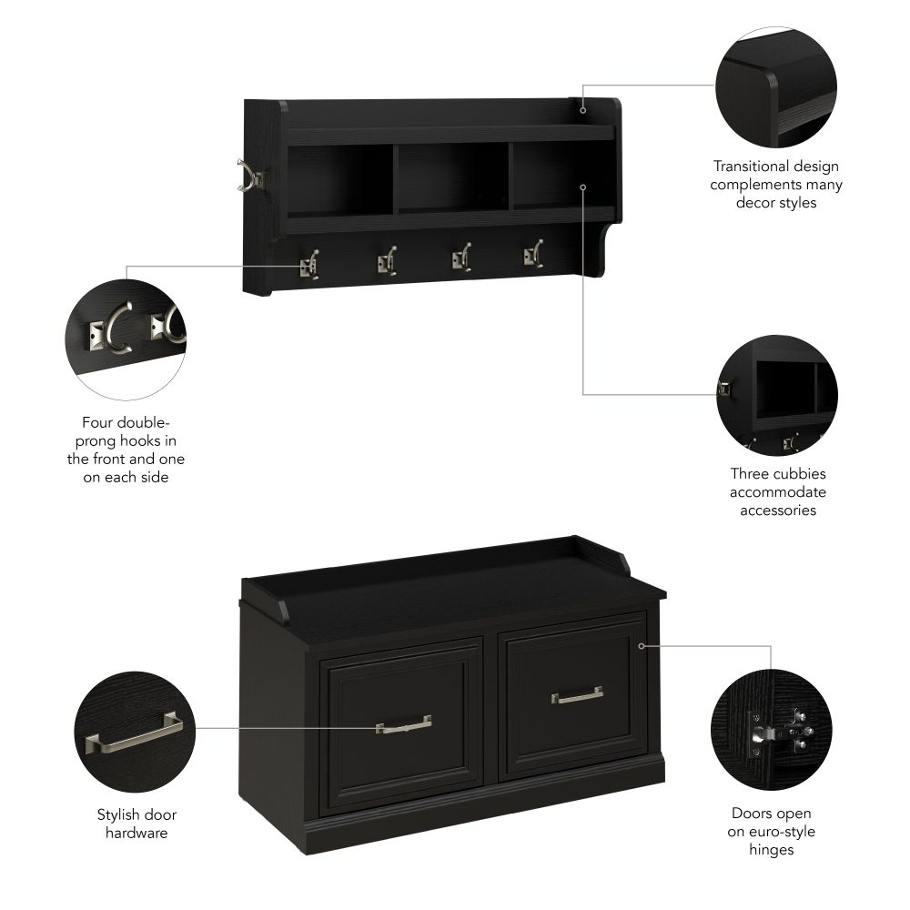 Shop Bush Furniture Woodland 40W Shoe Storage Bench with Doors and Wall Mounted Coat Rack, Image 07, WDL003BS, #color_black suede oak