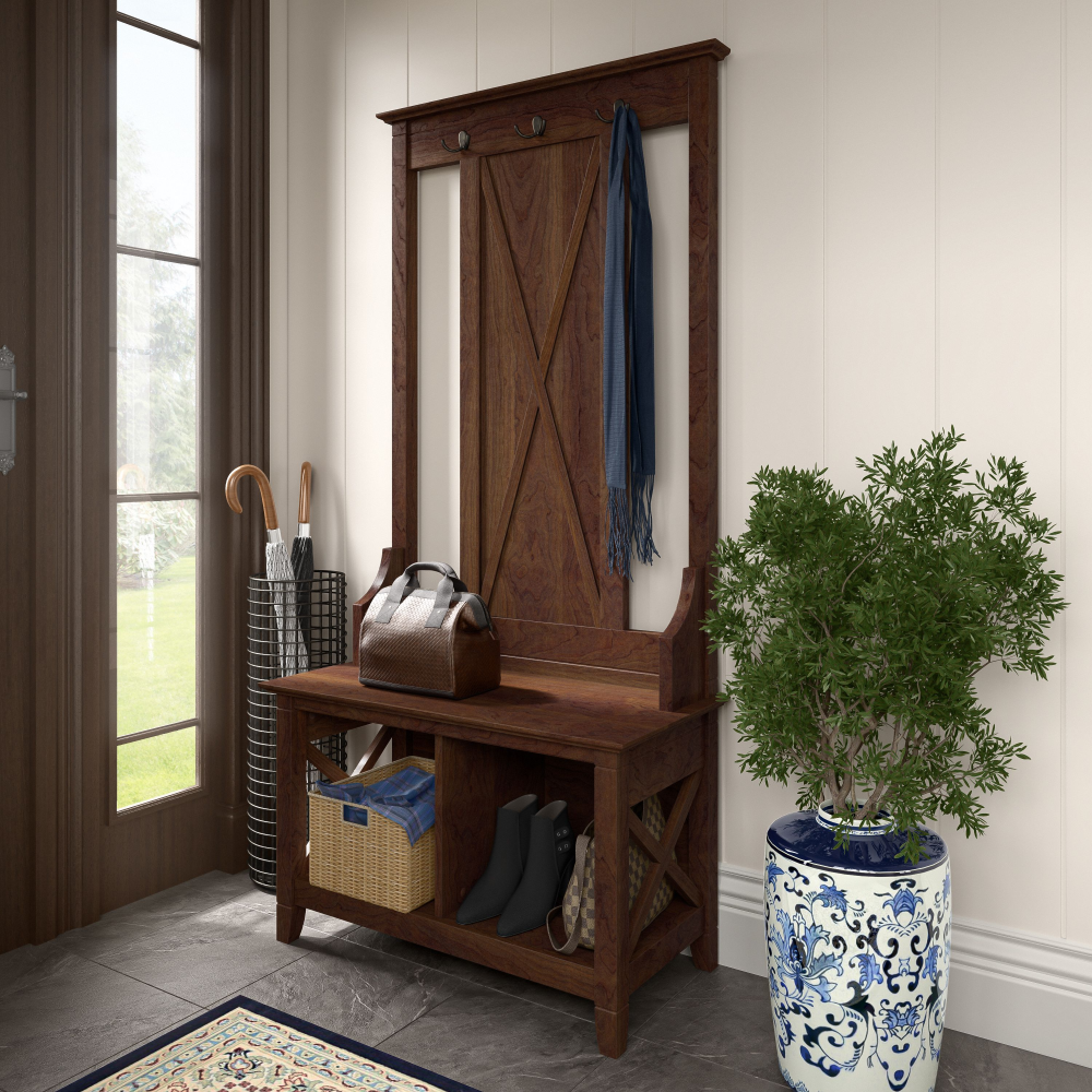 Shop Bush Furniture Key West Hall Tree with Shoe Storage Bench, Image 02, KWS166BC-03, #color_bing cherry