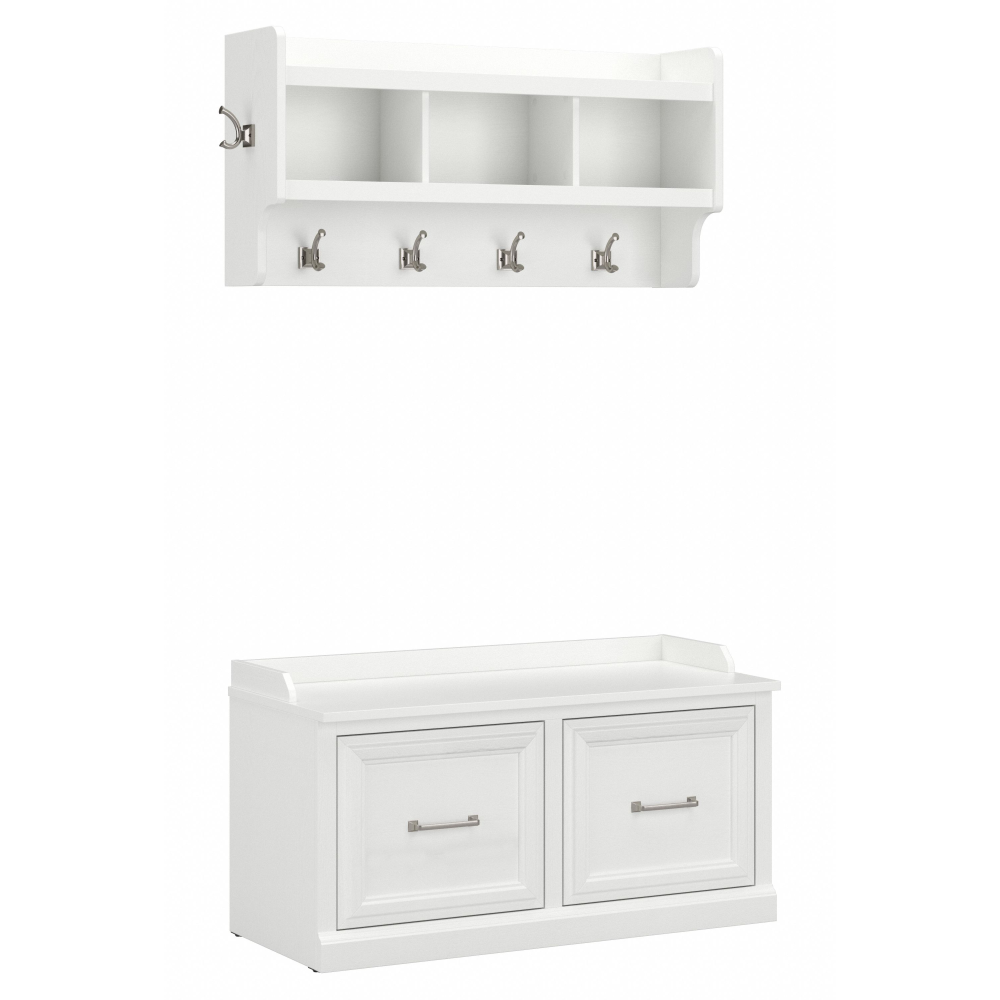 Shop Bush Furniture Woodland 40W Shoe Storage Bench with Doors and Wall Mounted Coat Rack, Image 01, WDL003WAS, #color_white ash