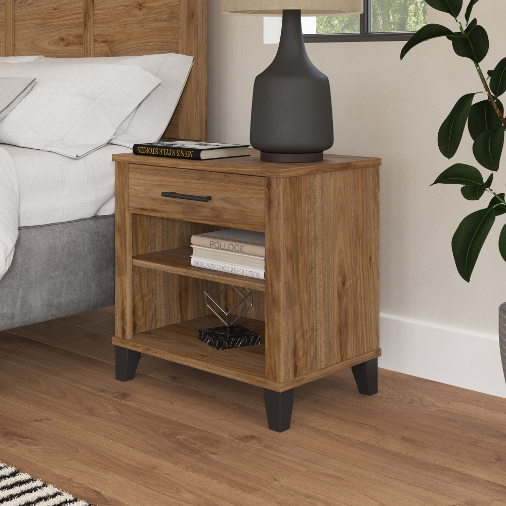 Shop Bush Furniture Somerset Nightstand with Drawer and Shelves, Image 02, STS119FW, #color_fresh walnut
