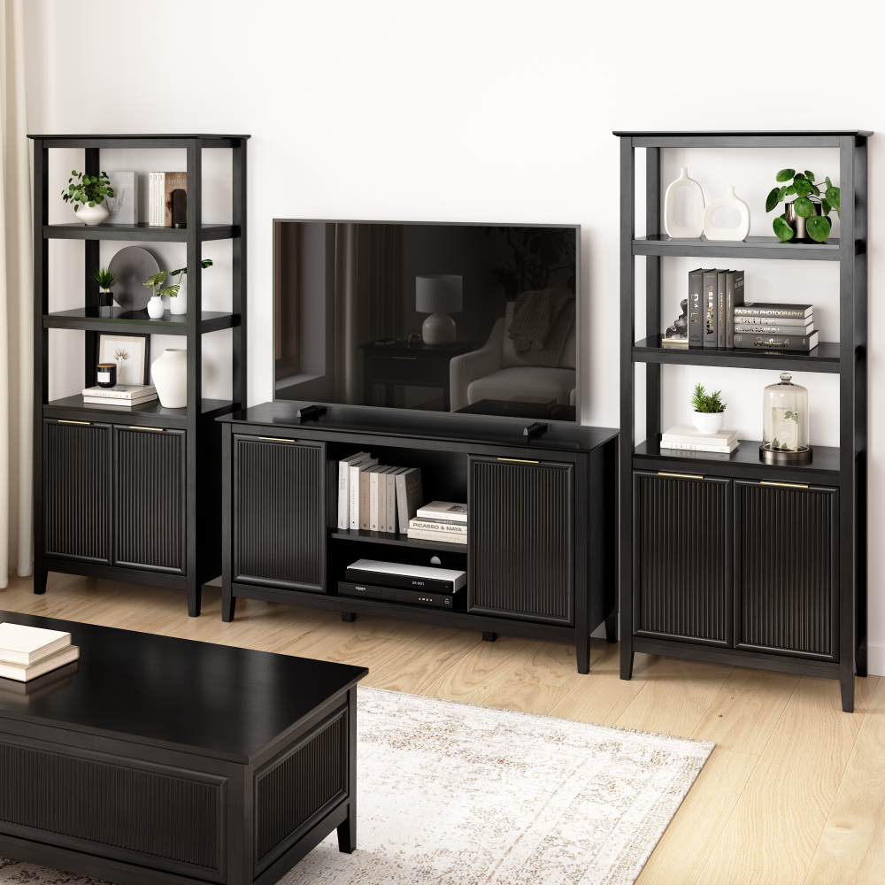 Shop Bush Home Camille Fluted TV Stand with Set of 2 Bookcases with Doors, Image 02, CML004OB, #color_onyx birch