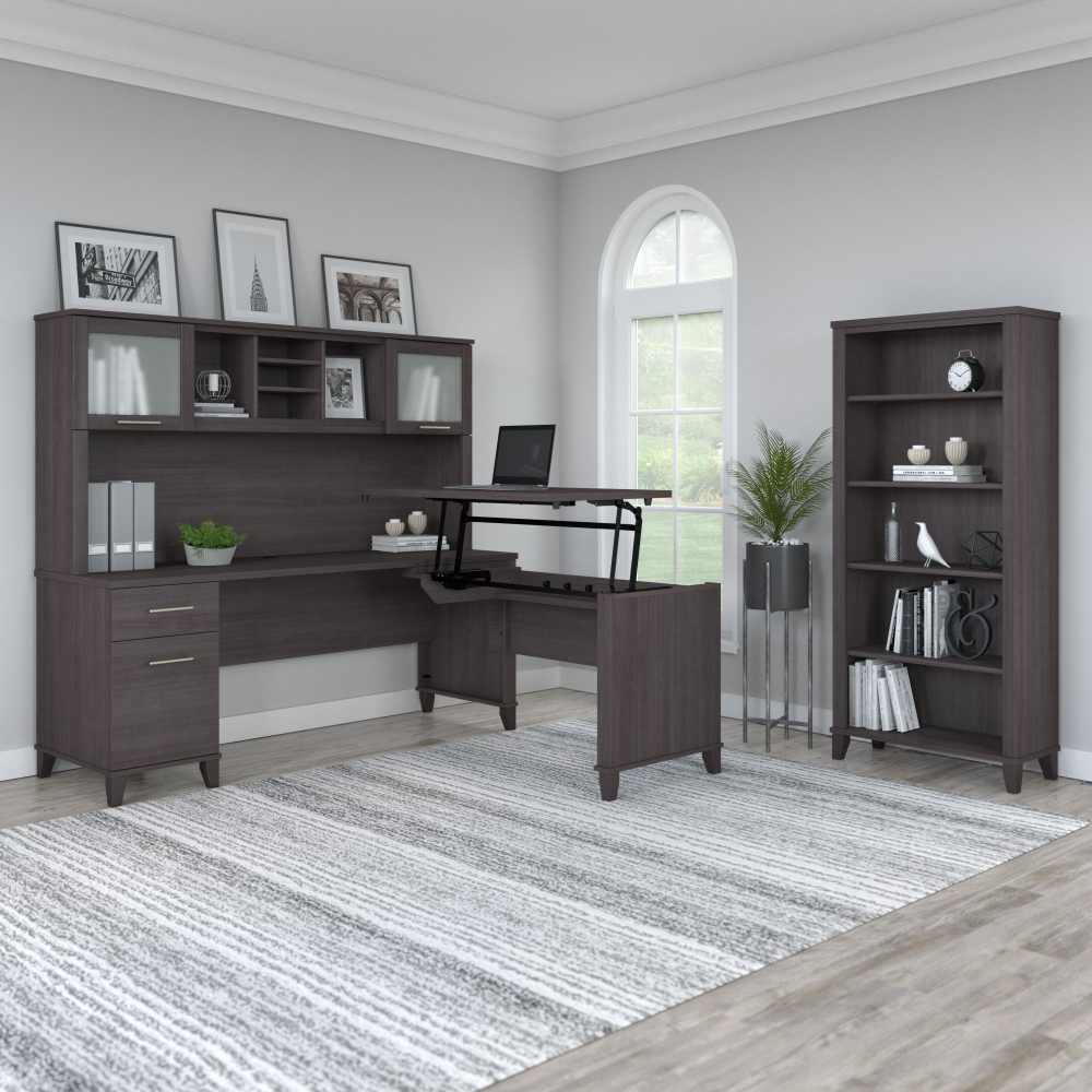 Shop Bush Furniture Somerset 72W 3 Position Sit to Stand L Shaped Desk with Hutch and Bookcase, Image 02, SET017SG, #color_storm gray