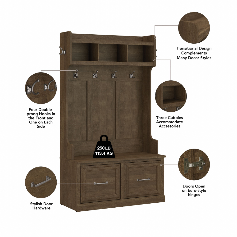 Shop Bush Furniture Woodland 40W Hall Tree and Shoe Storage Bench with Doors, Image 06, WDL001ABR, #color_ash brown