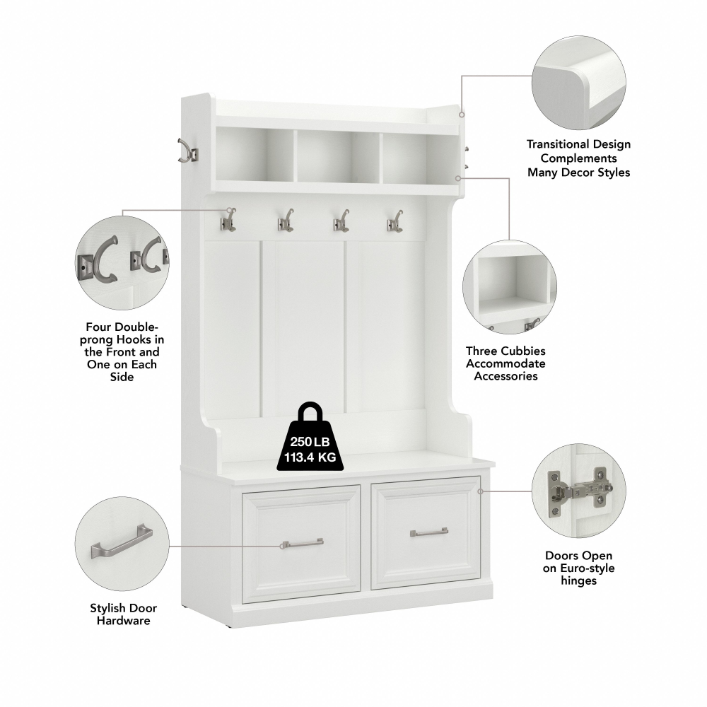 Shop Bush Furniture Woodland 40W Hall Tree and Shoe Storage Bench with Doors, Image 07, WDL001WAS, #color_white ash