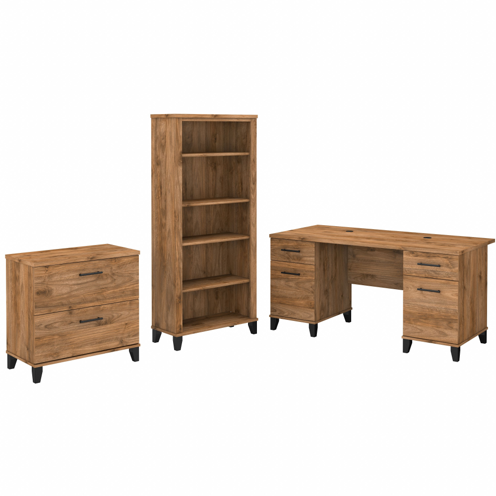 Shop Bush Furniture Somerset 60W Office Desk with Lateral File Cabinet and 5 Shelf Bookcase, Image 01, SET013FW, #color_fresh walnut