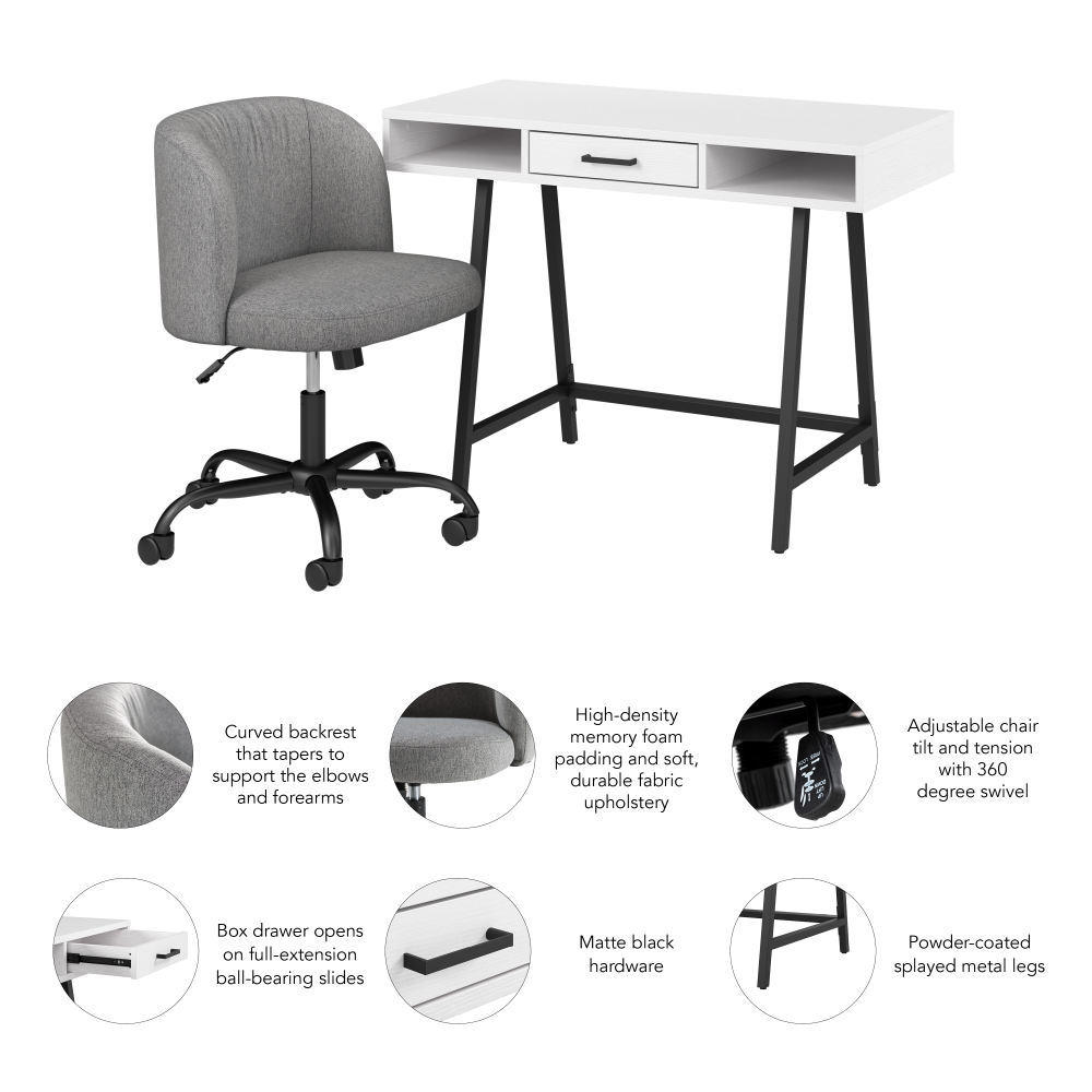 Shop Bush Furniture Steele 40W Small Writing Desk and Chair Set for Home Office, Image 06, STE001WT, #color_pure white oak/warm gray fabric