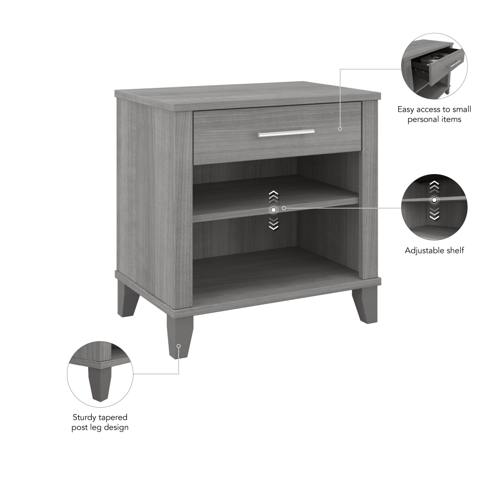 Shop Bush Furniture Somerset Nightstand with Drawer and Shelves, Image 08, STS119PG, #color_platinum gray