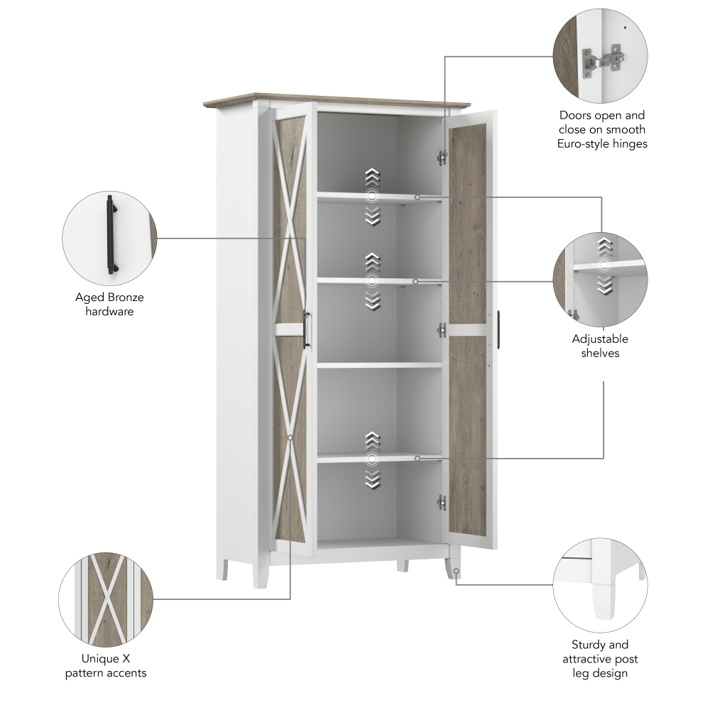 Shop Bush Furniture Key West Tall Bathroom Cabinet with Doors and Shelves, Image 08, KWS266G2W-Z1, #color_shiplap gray/pure white