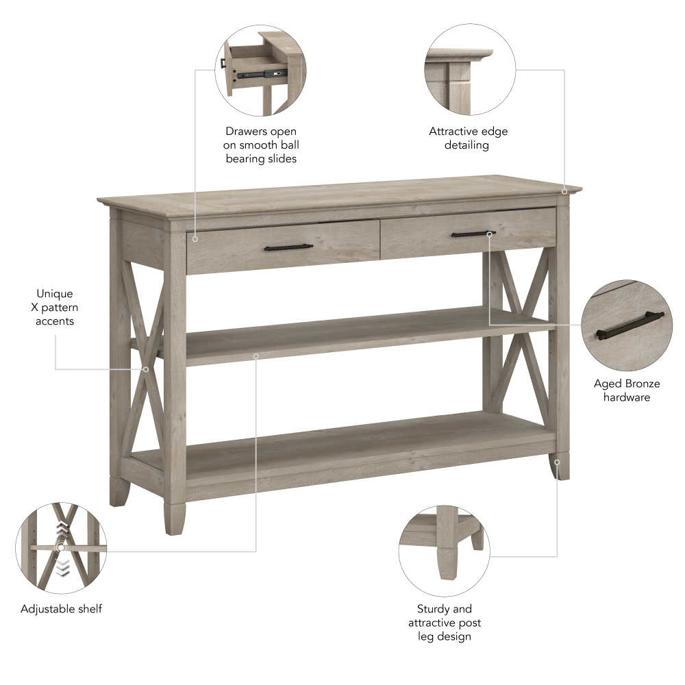 Shop Bush Furniture Key West Console Table with Drawers and Shelves, Image 06, KWT248WG-03, #color_washed gray