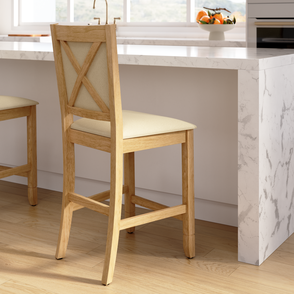 Shop Bush Home Key West Upholstered Cross Back Dining Counter Stool, Image 02, KWCH02BO-03, #color_blonde oak/bright beige