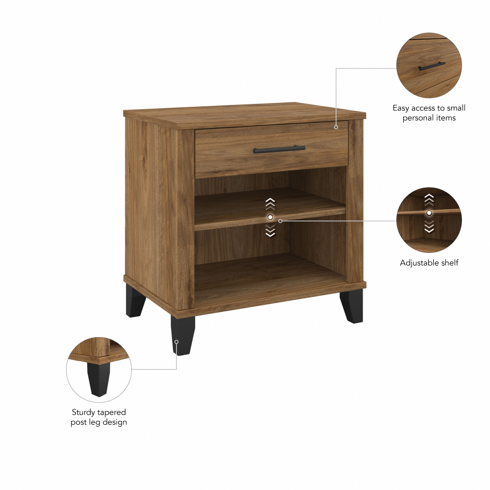 Shop Bush Furniture Somerset Nightstand with Drawer and Shelves, Image 08, STS119FW, #color_fresh walnut