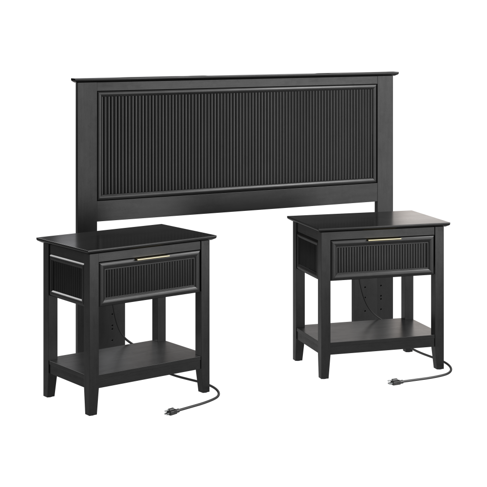 Shop Bush Home Camille 65W Fluted Full/Queen Headboard with Set of 2 Nightstands, Image 01, CML010OB, #color_onyx birch