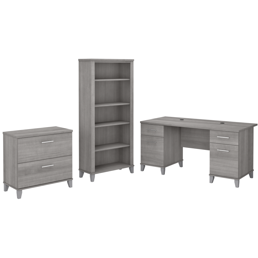 Shop Bush Furniture Somerset 60W Office Desk with Lateral File Cabinet and 5 Shelf Bookcase, Image 01, SET013PG, #color_platinum gray